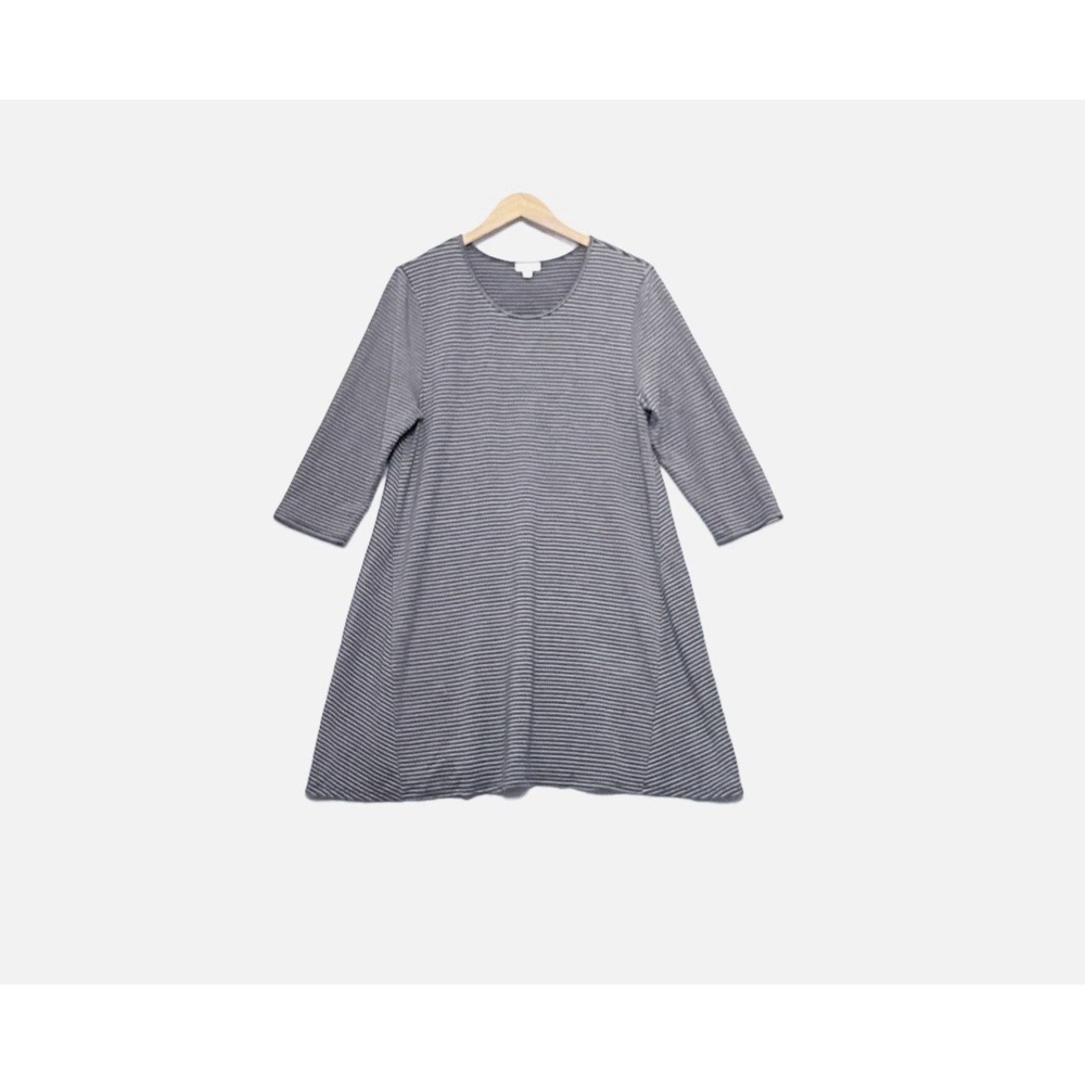 GARNET HILL Tunic Dress Knit Size L 3/4 Sleeve Gray White Striped Minimalist
